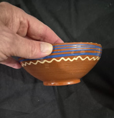 2 Hand-Painted Glazed Terracotta Bowls Featuring Cobalt Blue Motifs & Heart’s