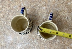 GTO Mexican Handmade Pottery Owl Mugs Pair Black White Blue Hand Painted 3” (2)