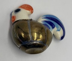 Vintage Mexican Tonala Pottery Rooster Ceramic Hand Painted Blue W Brass Armour