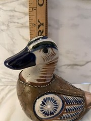 Vintage hand painted Mexican folk art tonala Copper & brass duck figure