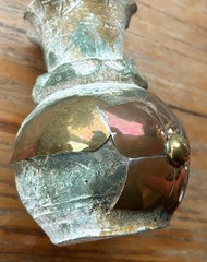 Vintage Mexican Folk Art Pottery Terracotta Flower Vase Copper Brass Floral ~6”