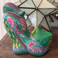 Mexico Talavera STYLE Pottery Green Playful Cat Figurine Hand Painted Folk Art