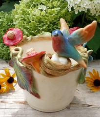 Cream Color Flower Pot Hummingbird Nest Butterflies Handmade Tonala Mexican Art