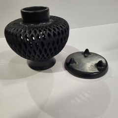 Oaxaca Art Pottery Barro Negro Mexico Hand Carved Black Clay Round Candale Lamp