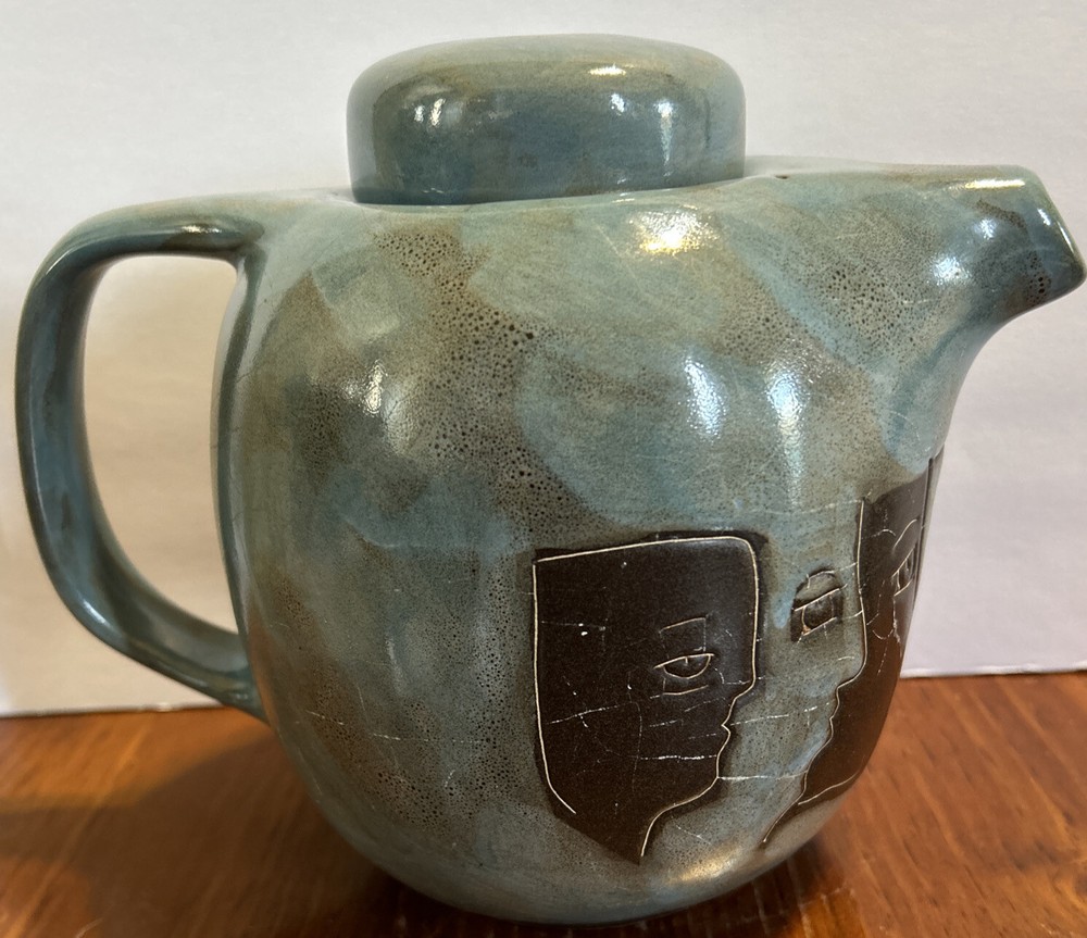 Mara Mexico Blue Slate Stoneware Teapot Pitcher Classic Faces Design Art
