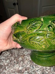 Vintage Green Redware Pottery piece from Oaxaca, Mexico, featuring an applied fl
