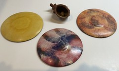 Set Of 3 Mexican Folk Art Animal Pottery Plates 4″ Round & Clay Cow with Bell