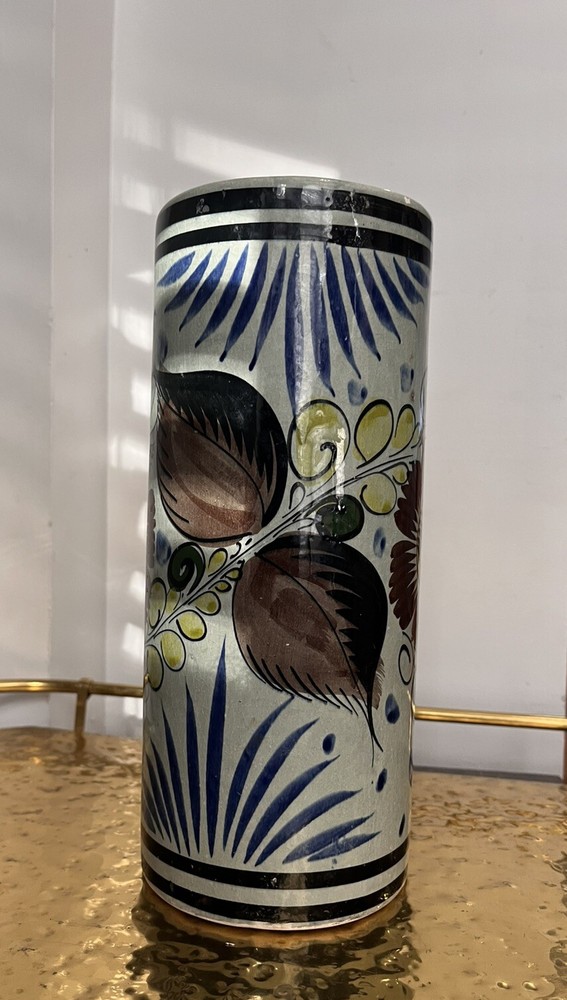 Mexico Tonala Pottery Cylinder Vase Flowers Floral Yellow Blue Green Art D8