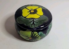 MEXICAN TALAVERA POTTERY TRINKET JEWELRY BOX & LID FLORAL HAND PAINTED ROUND