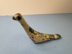 Mexican Hand-painted Tonala Pottery Long Neck Bird Gray Blue Figurine Signed