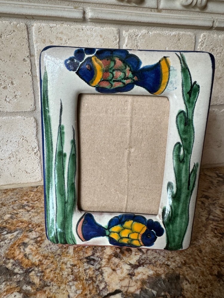 Mexican Talavera Hand-Painted Tabletop Picture Frame Ocean Fish 7.25″ X 5.5″