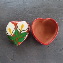 Mexican Pottery Trinket Box Heart Shape Flowers Calla Lily Hand Painted Folk Art