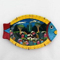 Vtg Mexican Folk Art Clay Terracotta Fish Tray or Plate with Wire Hanger
