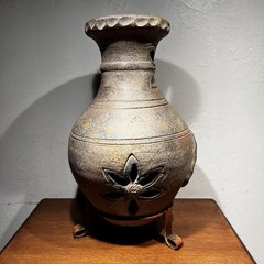 Rustic Clay Pottery Table Top Chiminea With Metal Stand