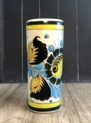 Mexico Tonala Pottery Cylinder Vase Flowers Floral Yellow Blue Green Art D8