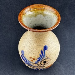 VINTAGE Tonala Mexican Folk Art Sandstone Pottery Bird Floral Vase Signed 6”