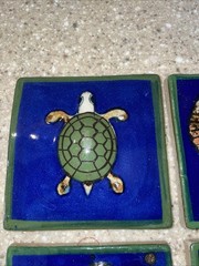 Vintage Tonala Mexican Pottery Cobalt Blue Folk Art Sun Turtle Flower Fish Tile