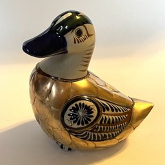 Vtg Tonala Mexico Pottery Duck Figurine Armored Brass Scales Hand Painted 5.5″ H