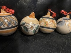 5 Mexico Tonala Pottery Christmas Ornament Signed Jimon Floral Design 3.75″
