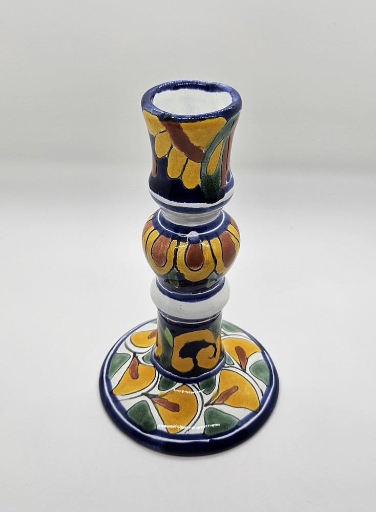 Talavera Mexican Pottery Tall Single Candle Holder Signed T. Ruth Mex.