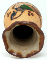 Tonala Mexico 8.25″ Vase sandstone Pottery hand painted enamel Quail & flowers