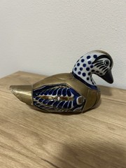 Vintage Tonala Mexican Pottery Duck Brass Armored Ceramic Folk Art Figurine