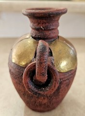 Vintage Mexican Terracotta Pottery Vase, Brass Copper Overlay Loop Handles, 5.5″