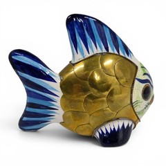 Vintage Tonala Ceramic Mexican Pottery Brass Fish Sculpture Folk Art 4.5HX5.5L