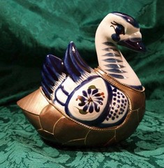 Vintage Mexican Tonala Ceramic Pottery Metal Brass Hand Painted Swan Duck Bird