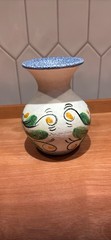 Vintage Tonala Mexican Folk Art Pottery Vase Hand-Painted Floral Blue and Green
