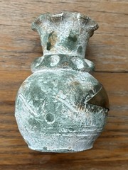 Vintage Mexican Folk Art Pottery Terracotta Flower Vase Copper Brass Floral ~6”