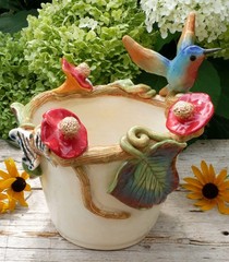 Cream Color Flower Pot Hummingbird Nest Butterflies Handmade Tonala Mexican Art