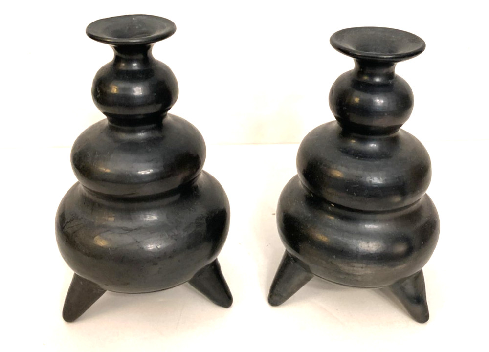 Oaxaca Mexican Folk Art Black Clay Pottery Footed Vase Pair Signed Lama