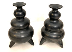Oaxaca Mexican Folk Art Black Clay Pottery Footed Vase Pair Signed Lama