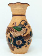 Tonala Mexico 8.25″ Vase sandstone Pottery hand painted enamel Quail & flowers