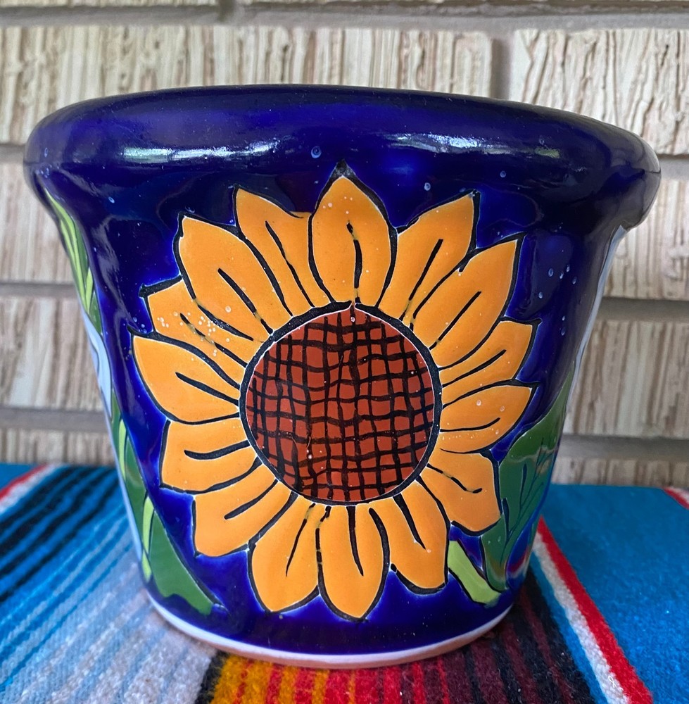 Lg MEXICAN TALAVERA Folk Art POTTERY SUN FLOWER POT PLANTER CERAMIC RARE #2