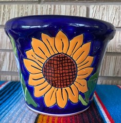 Lg MEXICAN TALAVERA Folk Art POTTERY SUN FLOWER POT PLANTER CERAMIC RARE #2