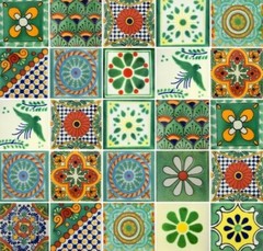 25 4×4″ Pieces Mexican Decorative Tiles Hand Painted Green Assorted Designs