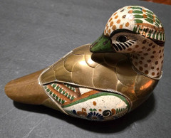 Vintage Tonala Pottery/Brass Hand Painted Mexican Folk Art Duck Figurine.