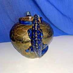 Sergio Bustamente Style Mexico Art Pottery Brass Scales Iguana Handle Vase