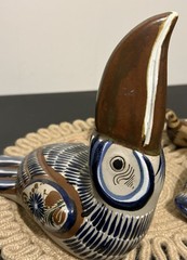 LOT OF 4 TONALA MEXICAN FOLK ART POTTERY FIGURES BRASS DUCK TOUCAN