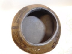 Pre-Columbian Dark Tan w/Black Decorations Glazed Pottery Narrow Neck Bowl