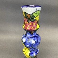 Vintage Mexican Art Pottery Talavera Hand Painted Single Candlestick 7.75″ Tall