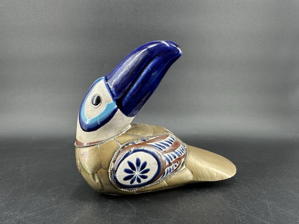 Vintage Handmade Clay Pottery Brass Hand Made Painted Tucan Bird Home Decor