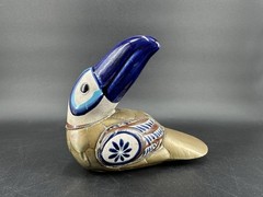 Vintage Handmade Clay Pottery Brass Hand Made Painted Tucan Bird Home Decor