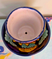 Talavera Cup Planter and Underplate Bowl Sunflower Pattern Yellow Navy Signed