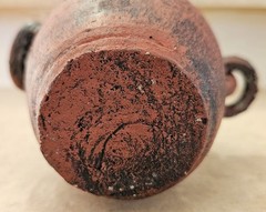 Vintage Mexican Terracotta Pottery Vase, Brass Copper Overlay Loop Handles, 5.5″