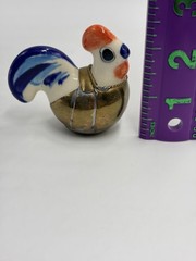 Vintage Mexican Tonala Pottery Rooster Ceramic Hand Painted Blue W Brass Armour