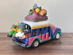 Vintage Mexican Folk Art Clay Sculpture Of Overloaded Car Marked “Pro Vallarta”