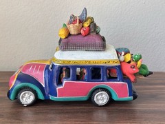 Vintage Mexican Folk Art Clay Sculpture Of Overloaded Car Marked “Pro Vallarta”